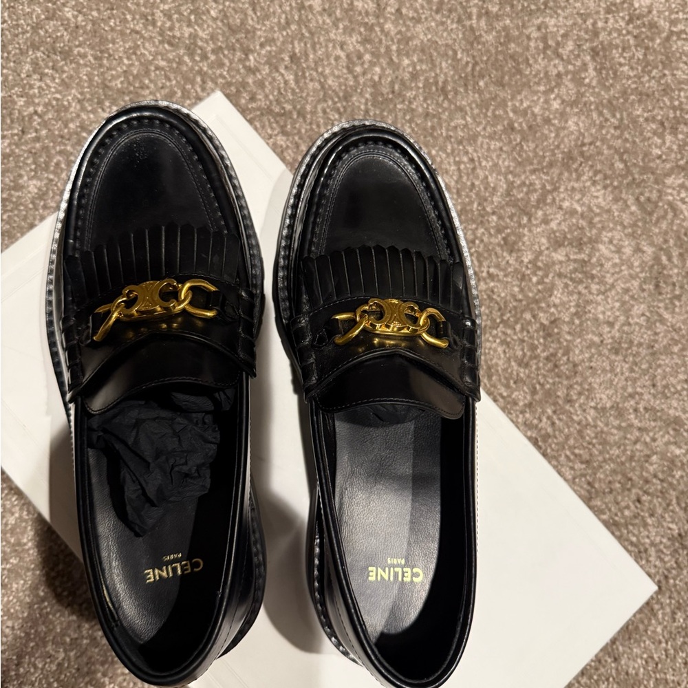 Celine Margaret Lug Sole  Leather Slip-On Loafers with Gold Triomphe Accent 37.5 - Picture 2 of 8
